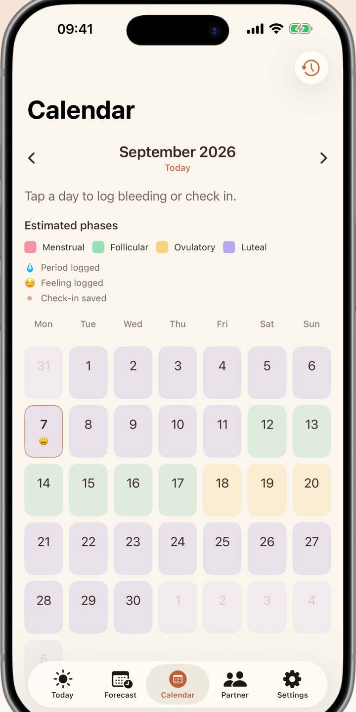 Her Cycle Compass Calendar screen in an iPhone frame, showing a month grid with estimated cycle phases and check-in markers.