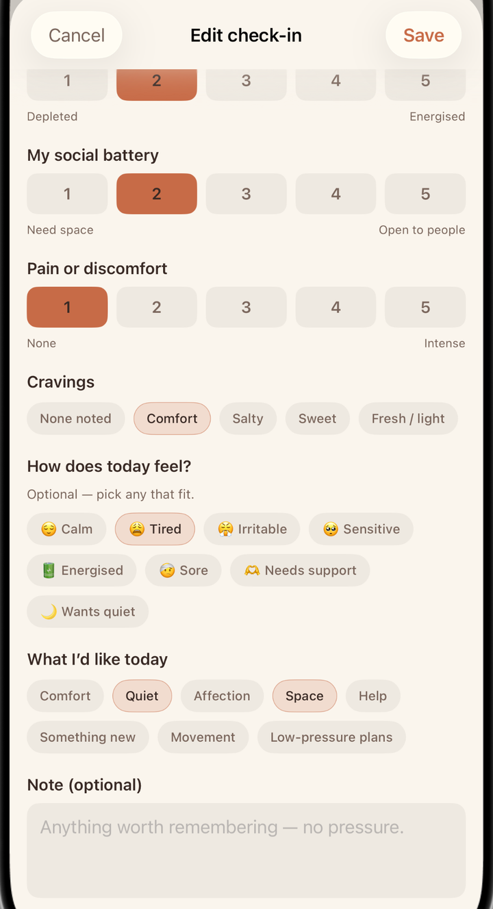 Her Cycle Compass Edit check-in screen in an iPhone frame, with mood, energy, needs tags, and an optional note field.
