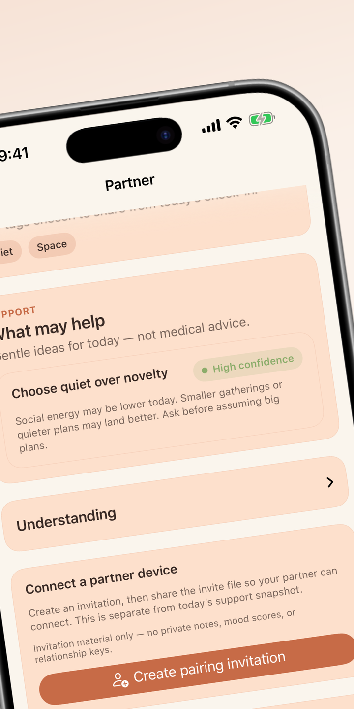Her Cycle Compass Partner screen in an iPhone frame, showing partner-safe support cues and sharing controls.