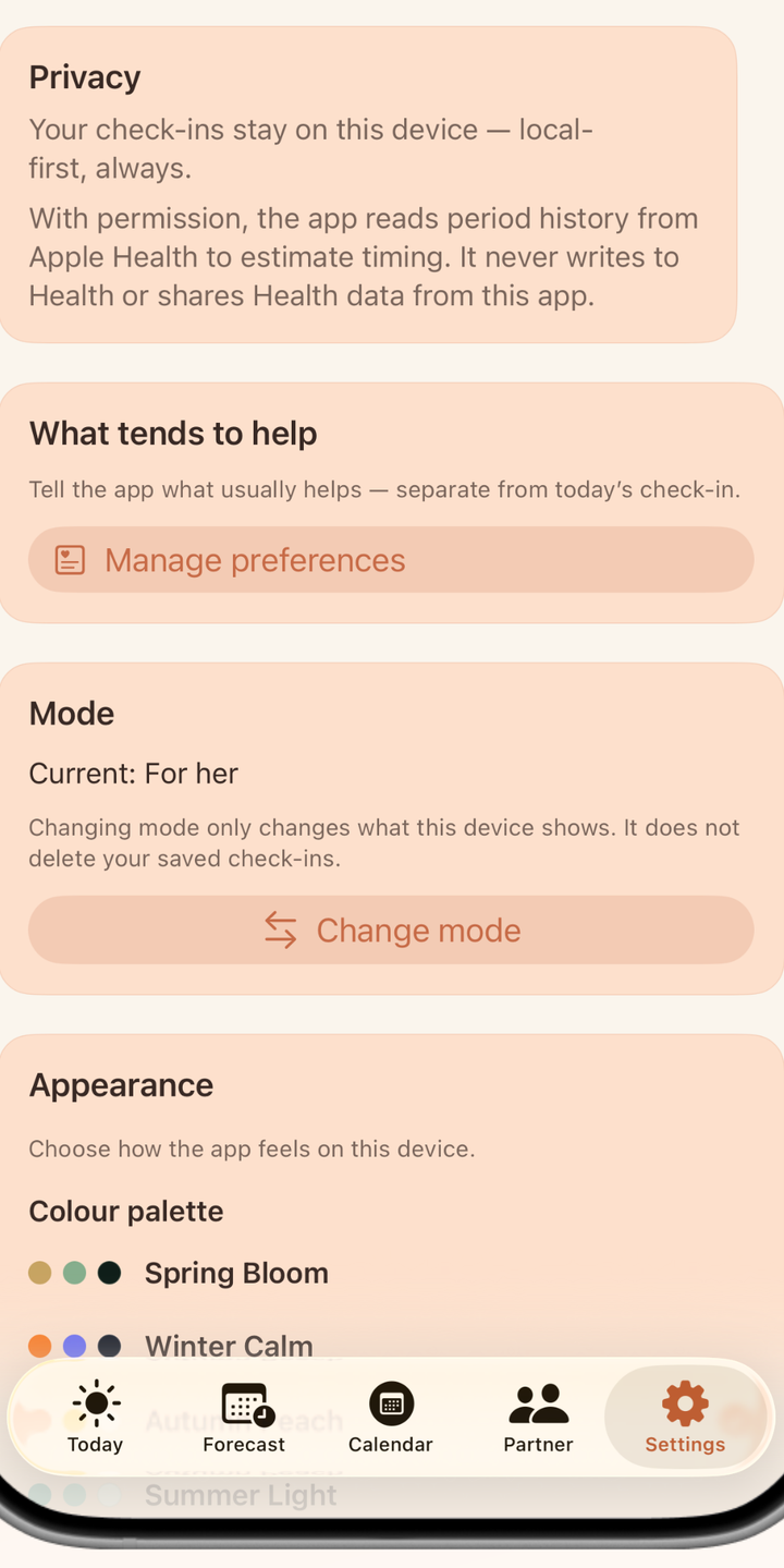 Her Cycle Compass Settings screen in an iPhone frame, Privacy section: check-ins stay on this device, with optional health-store access for period history.