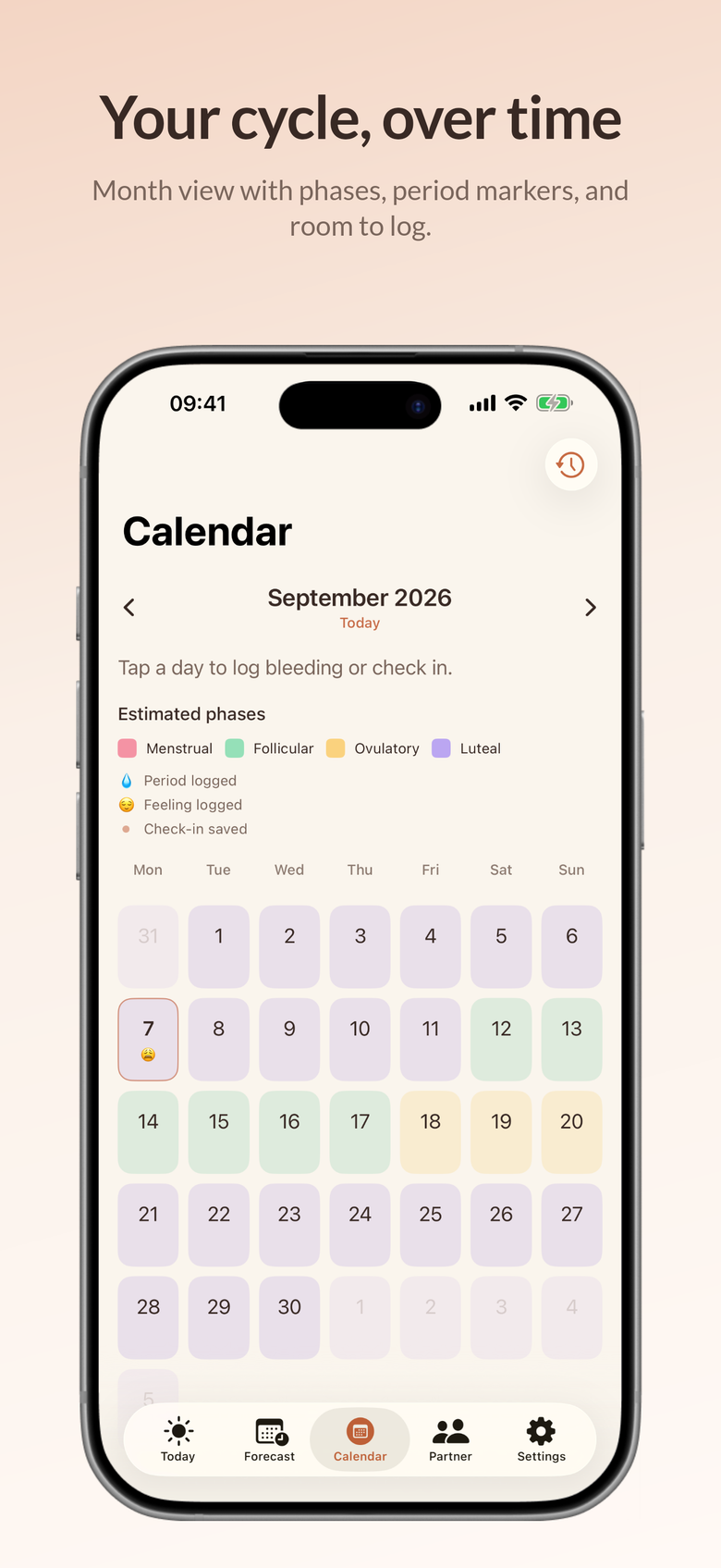 Her Cycle Compass Calendar screen in an iPhone frame, showing a month grid with estimated cycle phases and check-in markers.