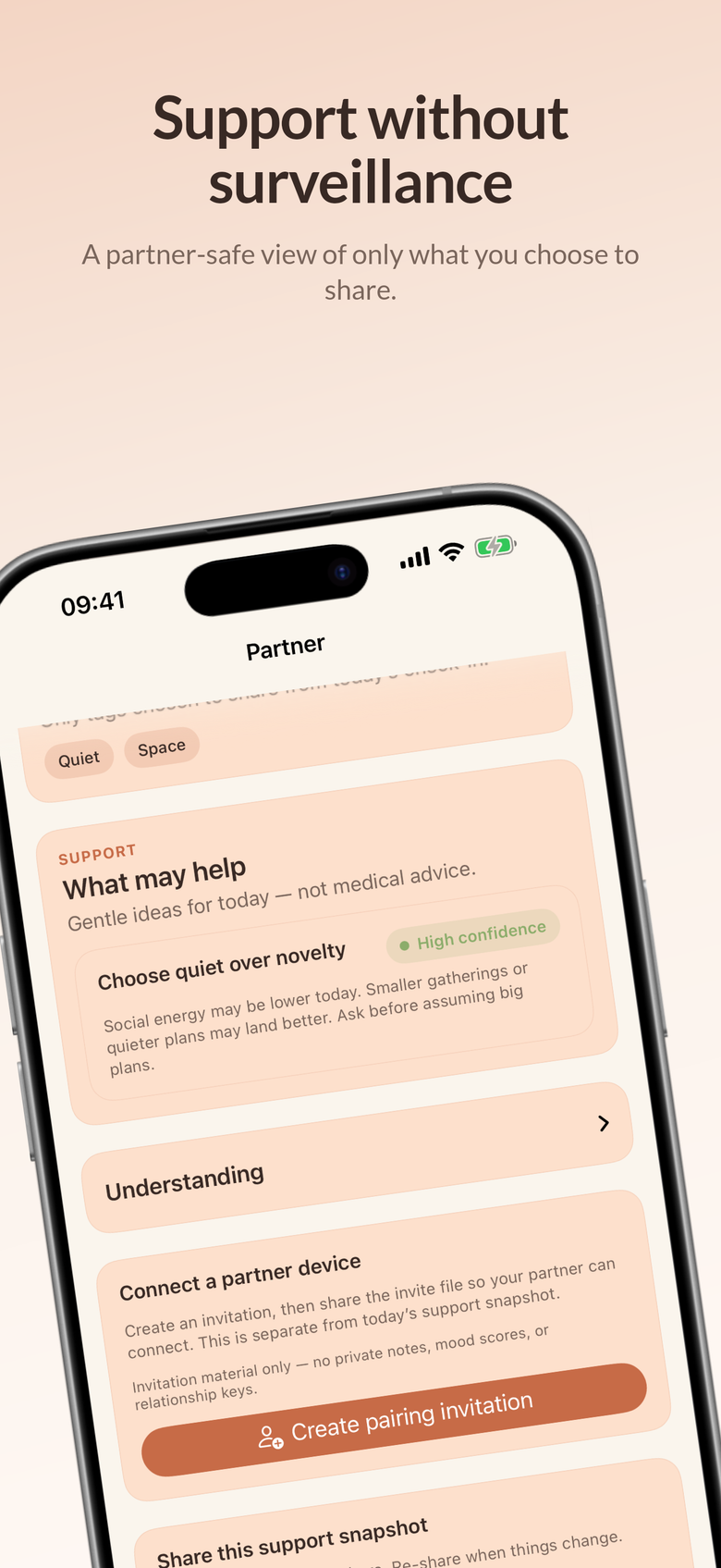 Her Cycle Compass Partner screen in an iPhone frame, showing partner-safe support cues and sharing controls.